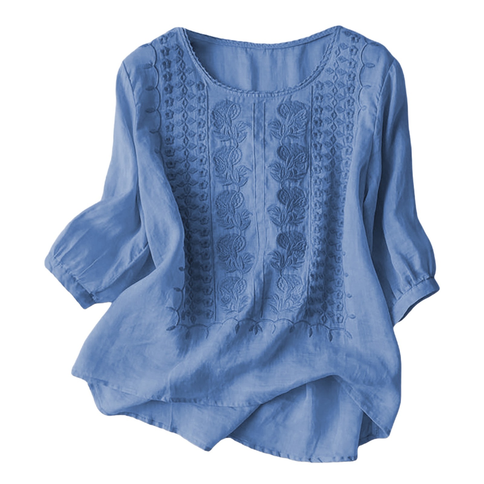 thumbnail image 4 of Camiseta con bordado floral en el cuello para mujer: prenda informal de verano con diseño en color liso, mezcla de lino ligera, fácil de cuidar., 4 of 4
